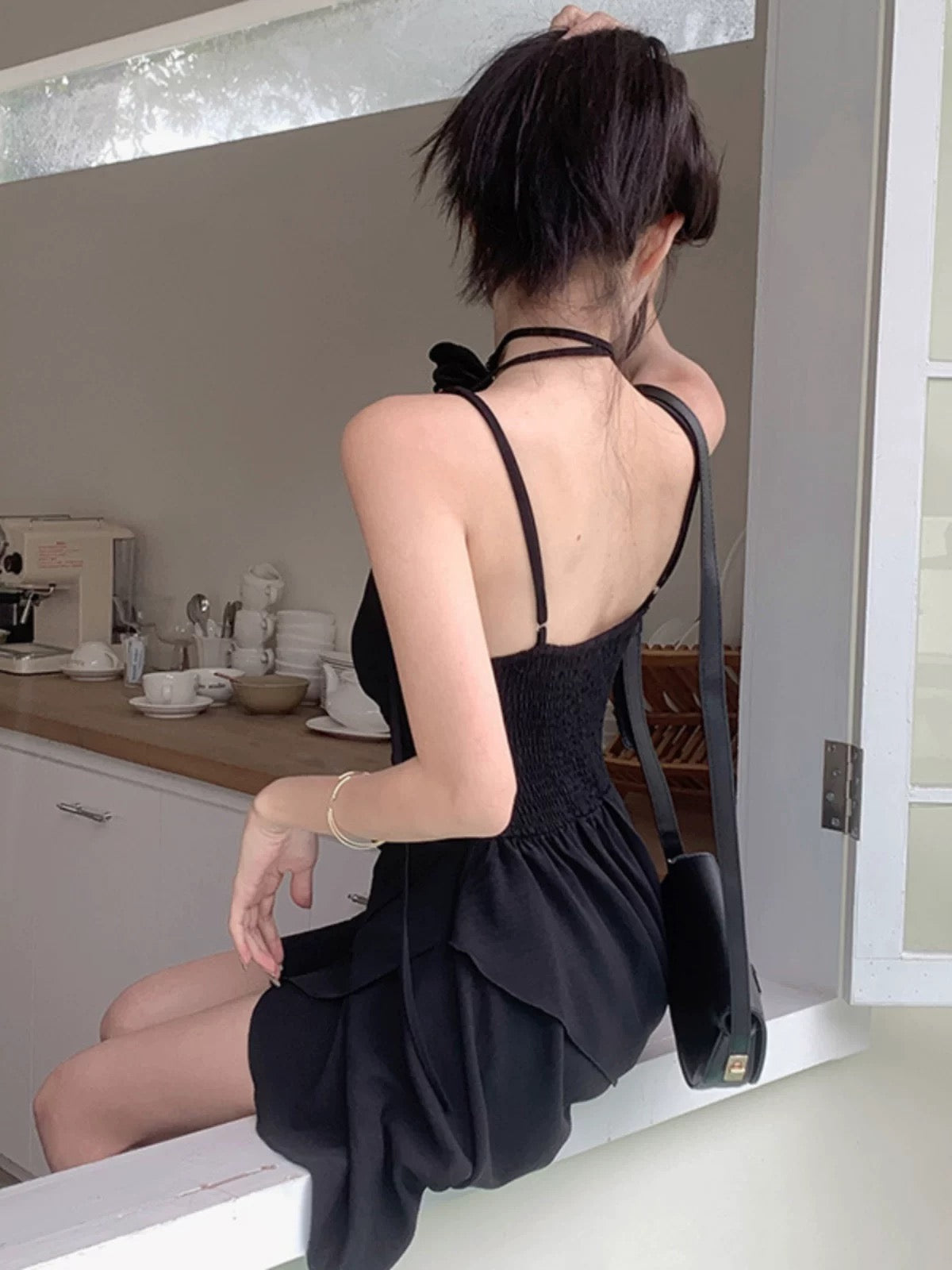 Simple A line Irregular Hem Spaghetti Straps Little Black Dresses Short Satin Birthday Outfit