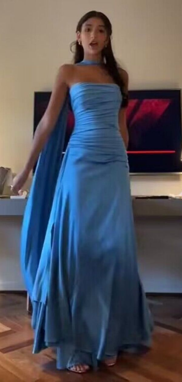 Classy Sheath Strapless With Ribbon Blue Ruffles Long Prom Dress