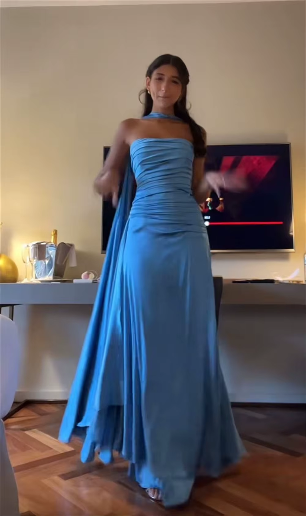 Classy Sheath Strapless With Ribbon Blue Ruffles Long Prom Dress