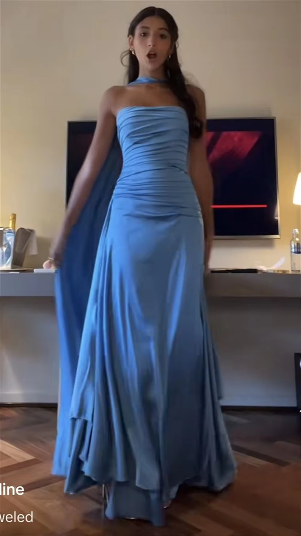 Classy Sheath Strapless With Ribbon Blue Ruffles Long Prom Dress