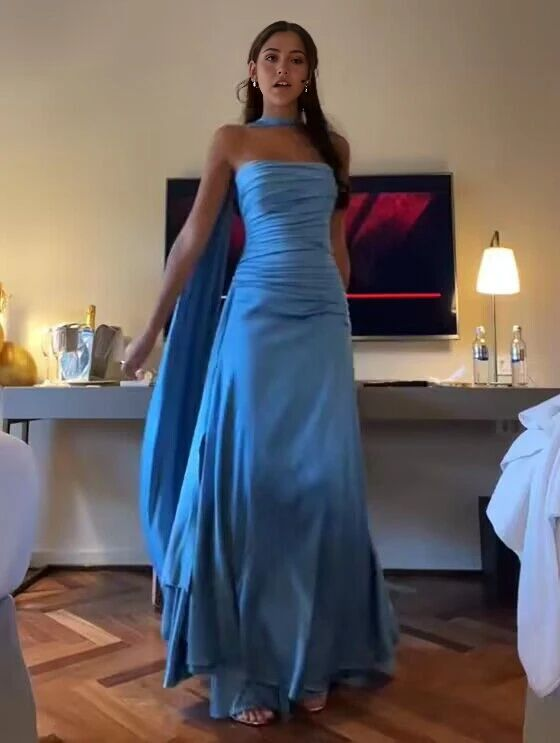 Classy Sheath Strapless With Ribbon Blue Ruffles Long Prom Dress