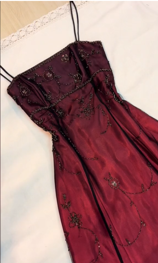 Classy A line Spaghetti Straps Burgundy Beads Long Prom Dress