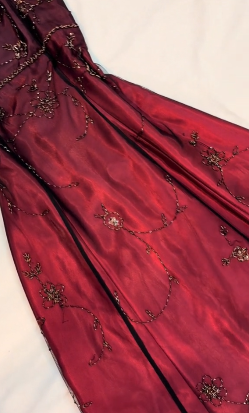 Classy A line Spaghetti Straps Burgundy Beads Long Prom Dress