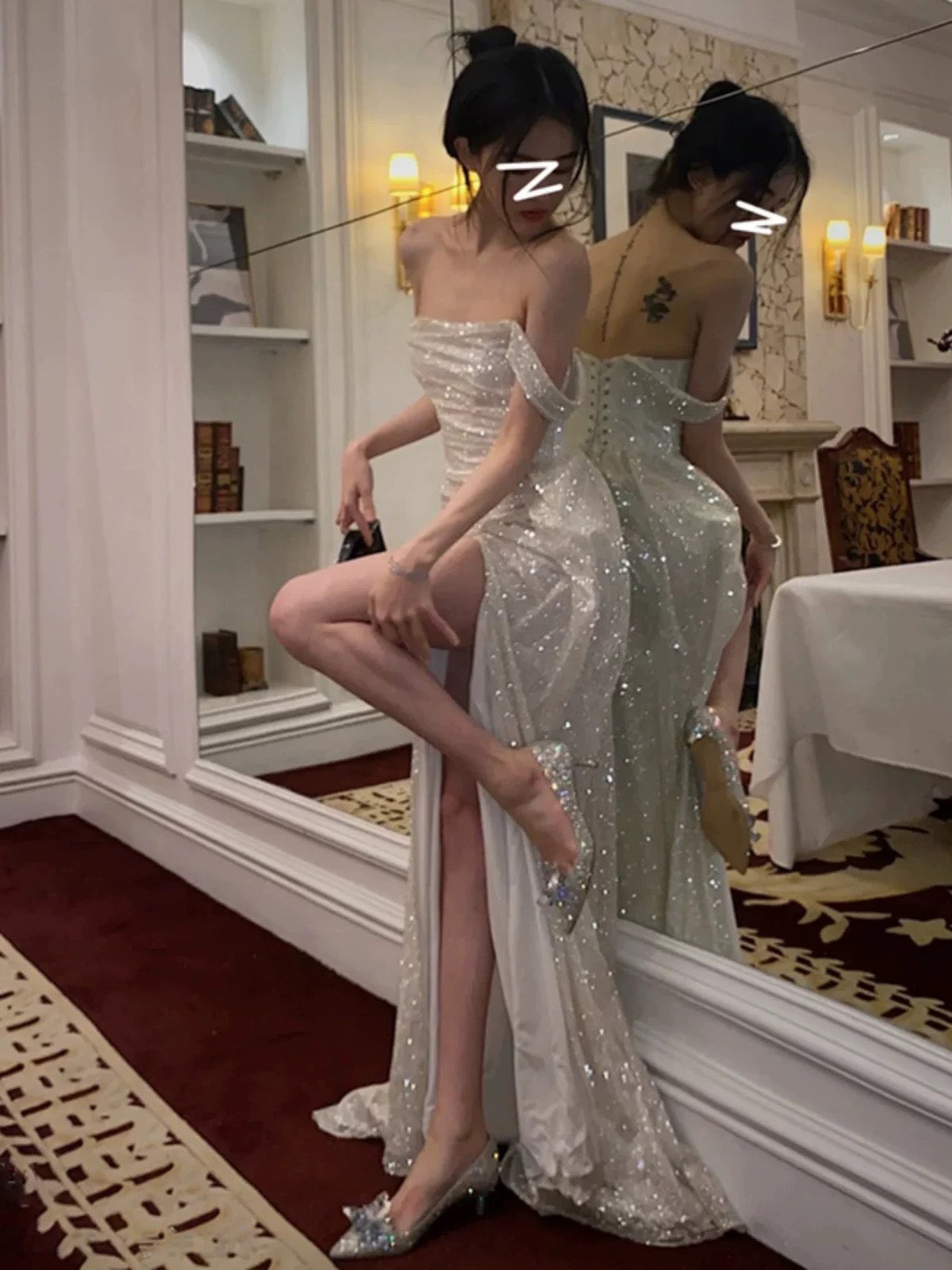 Classy Mermaid Off The Shoulder Sequin Slit Long Prom Dress