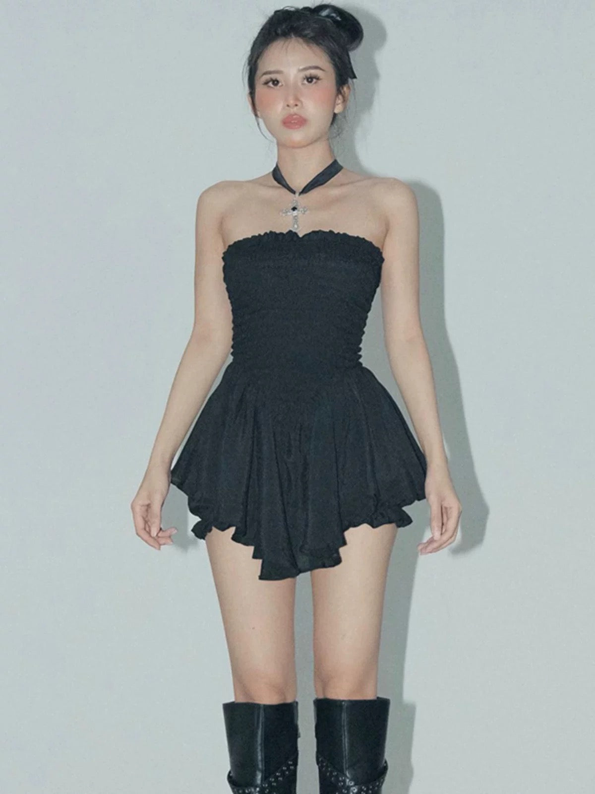 Simple A line Irregular Hem Strapless Little Black Dresses Short Chiffon Birthday Outfit