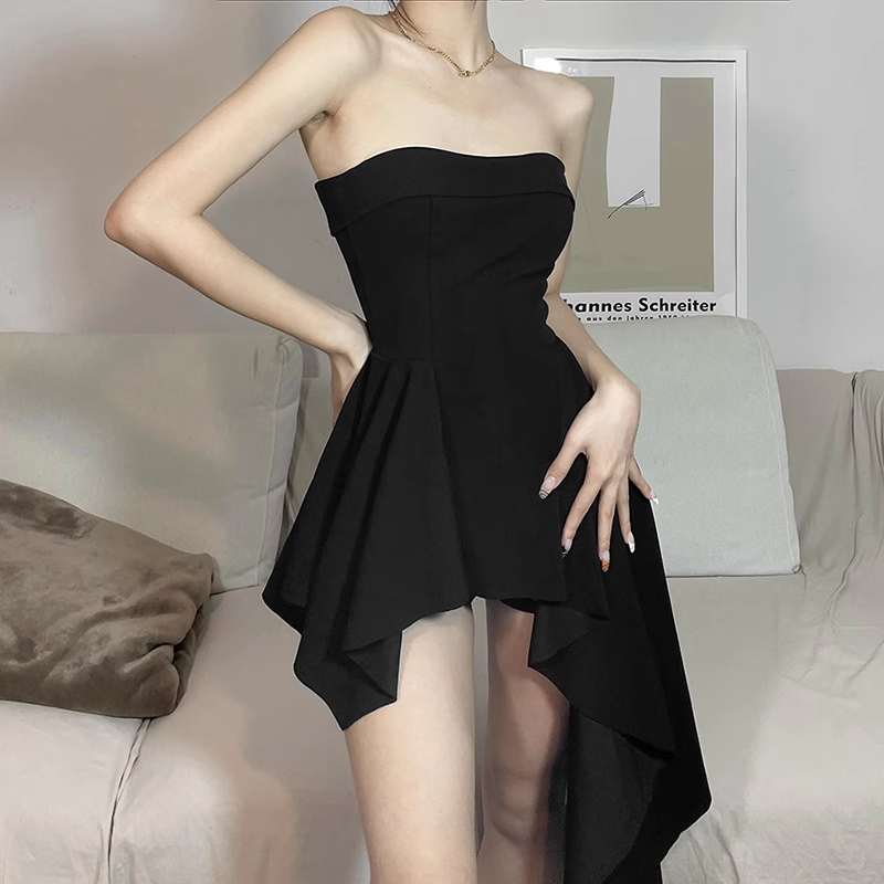 Simple A line Irregular Strapless Little Black Dresses Short Birthday Outfit