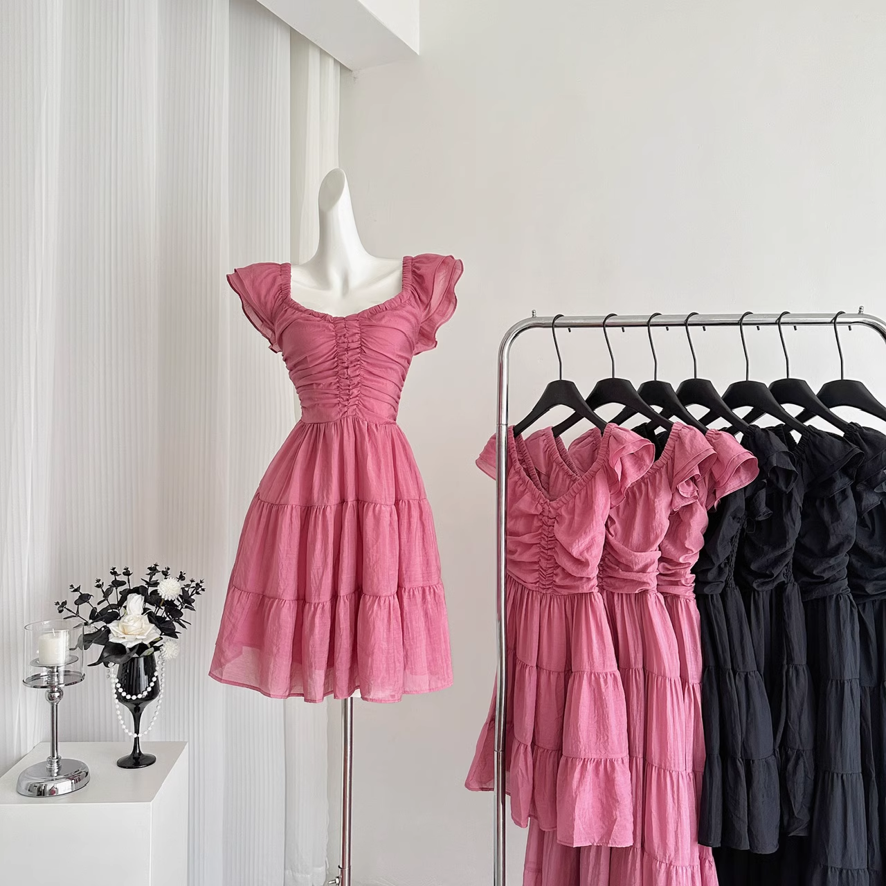 Cute A line Sleeveless Holiday Dresses Short Ruffles Pink Birthday Outfits