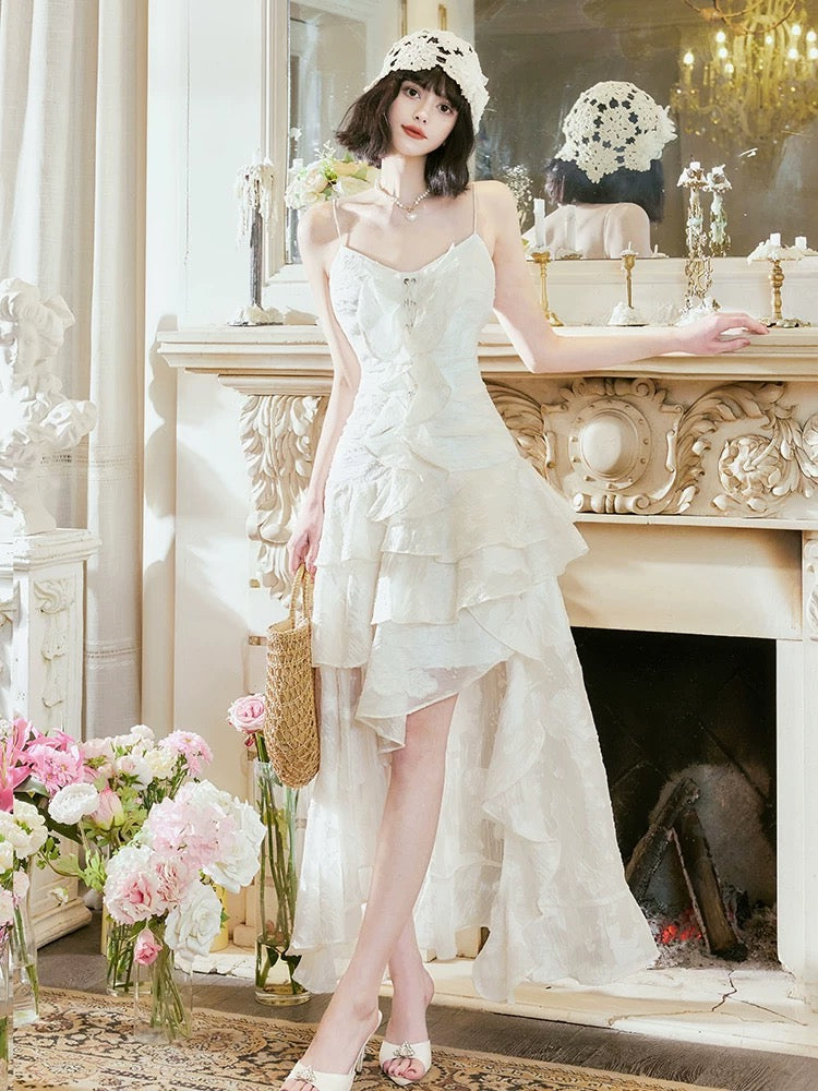 Pretty A Line High Low Ruffles Long Evening Dress Lace White Prom Dresses