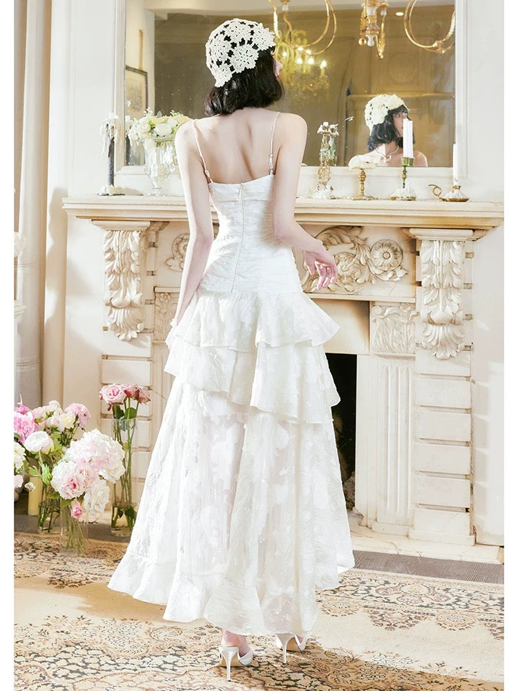 Pretty A Line High Low Ruffles Long Evening Dress Lace White Prom Dresses