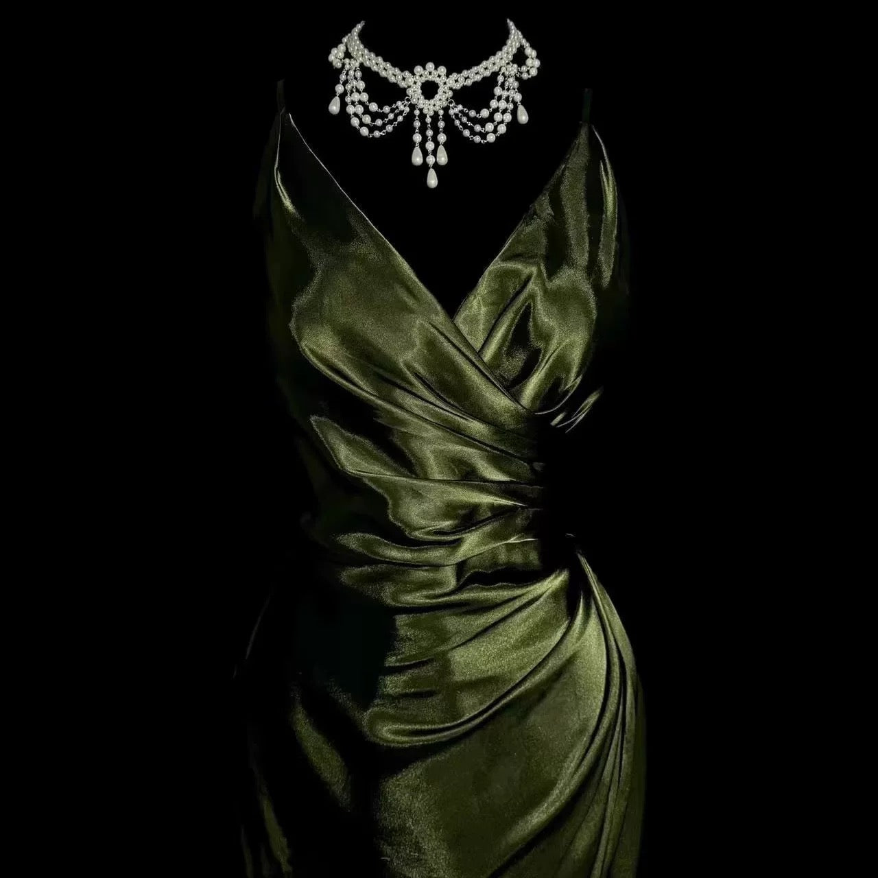 Retro Mermaid Spaghetti Straps Satin Green Long Evening Dress Prom Dresses