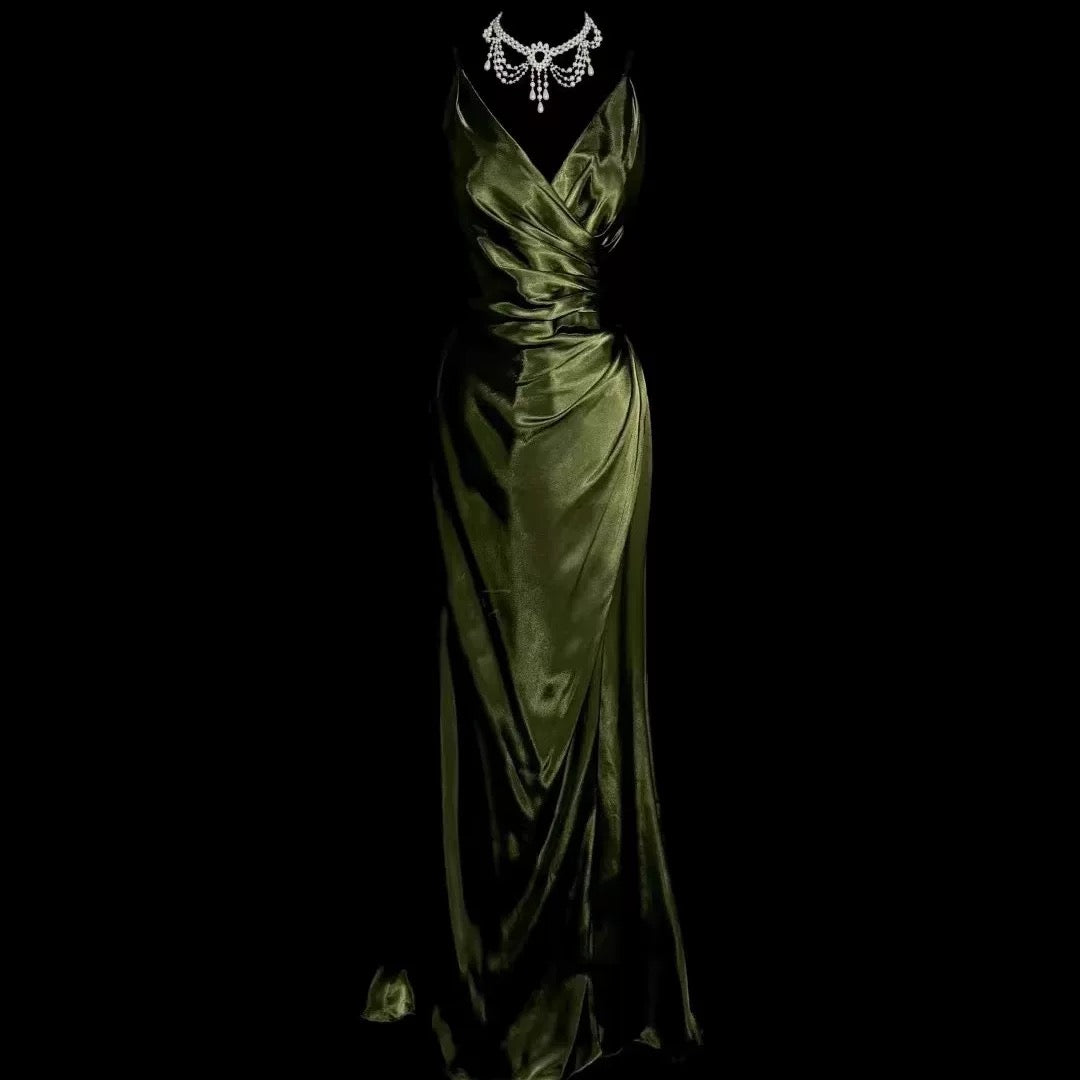 Retro Mermaid Spaghetti Straps Satin Green Long Evening Dress Prom Dresses