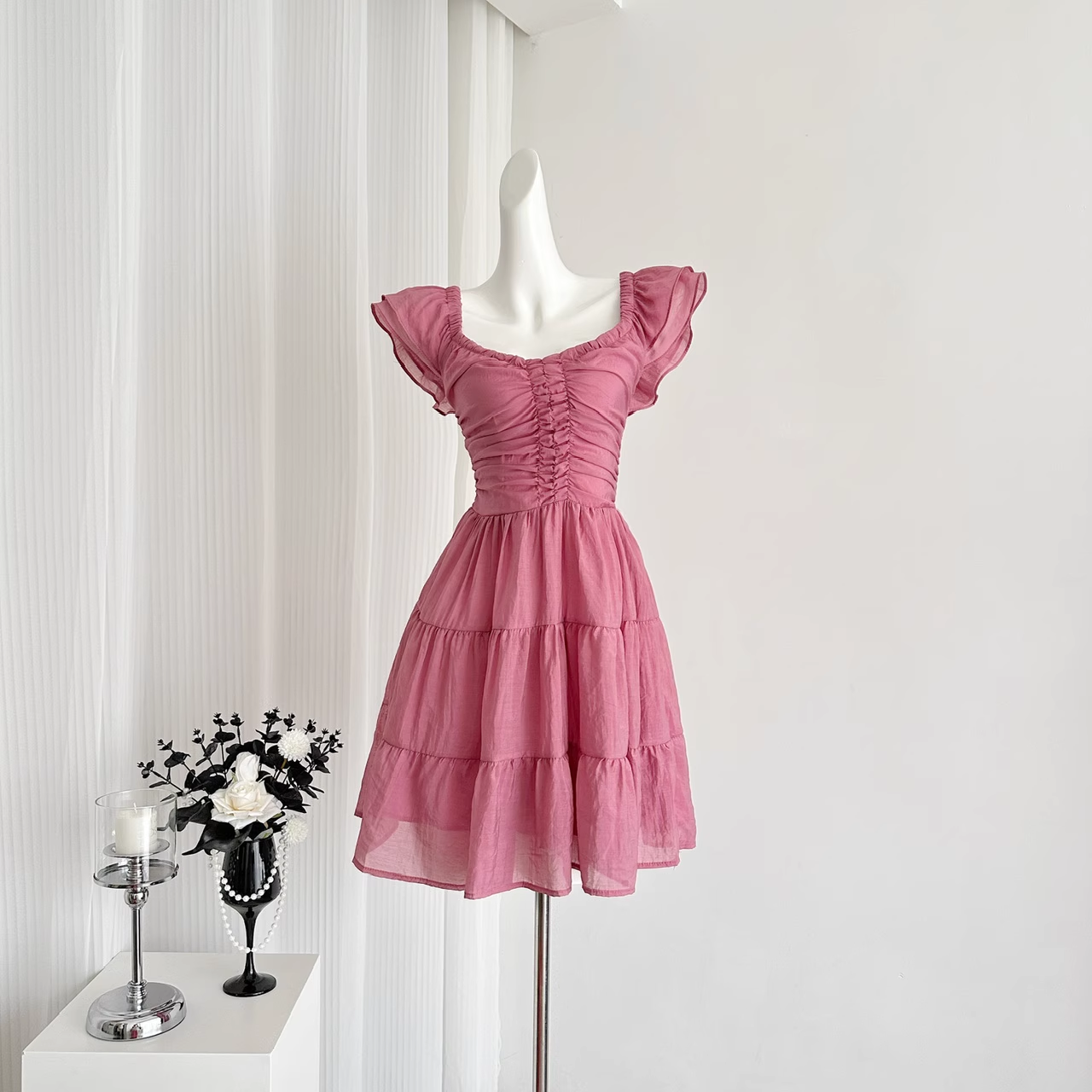 Cute A line Sleeveless Holiday Dresses Short Ruffles Pink Birthday Outfits
