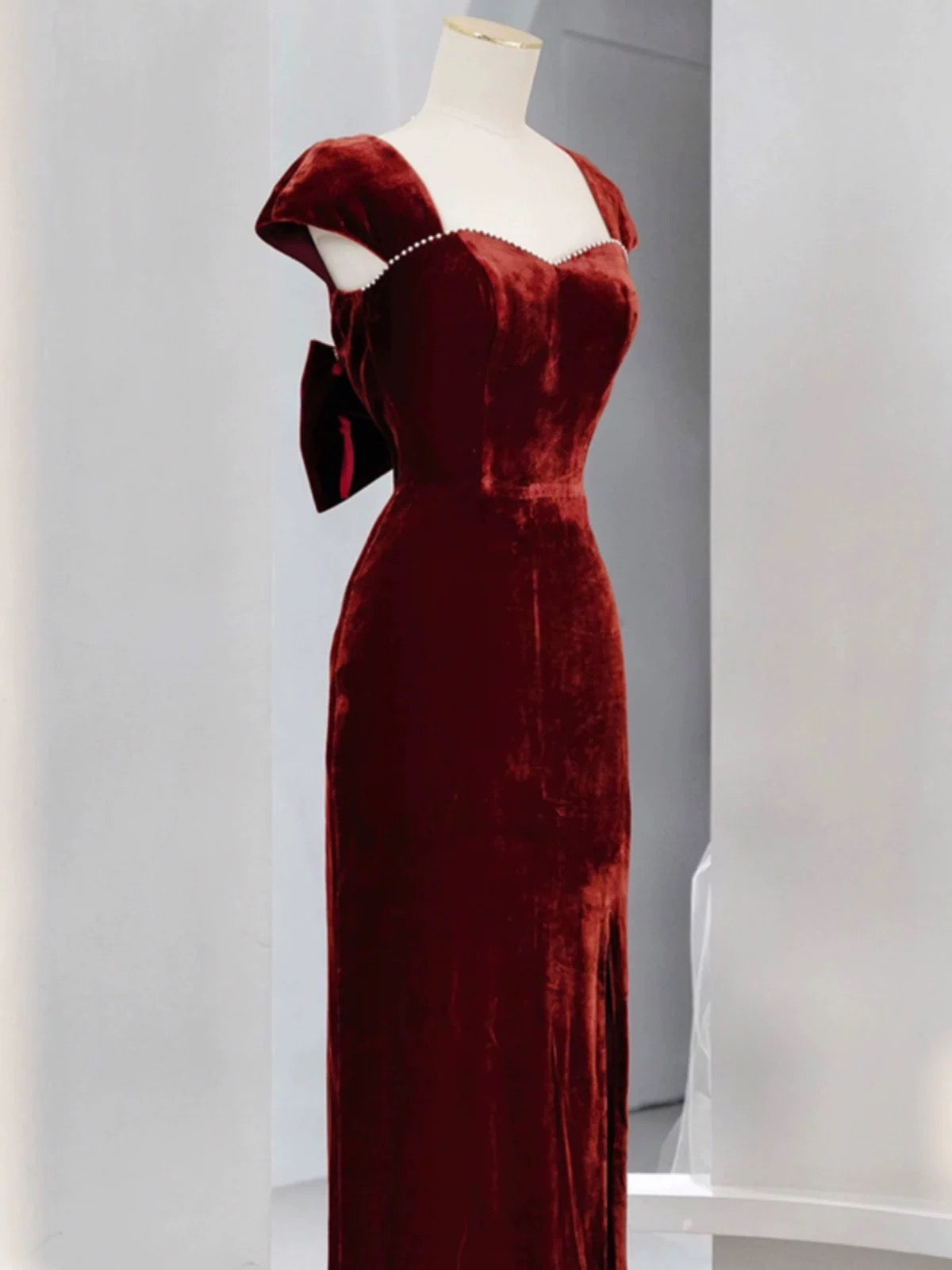 Pretty Mermaid Burgundy Velvet Slit Evening Dress Prom Dresses