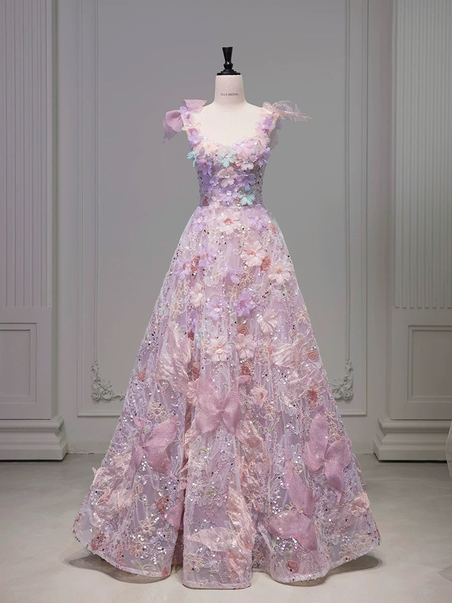 Pretty A Line Spaghetti Straps Pink Floral Long Length Evening Dress Prom Dresses