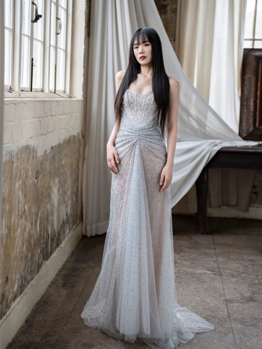 Pretty Mermaid Off The Shoulder Silver Sequin Evening Dress Prom Dresses