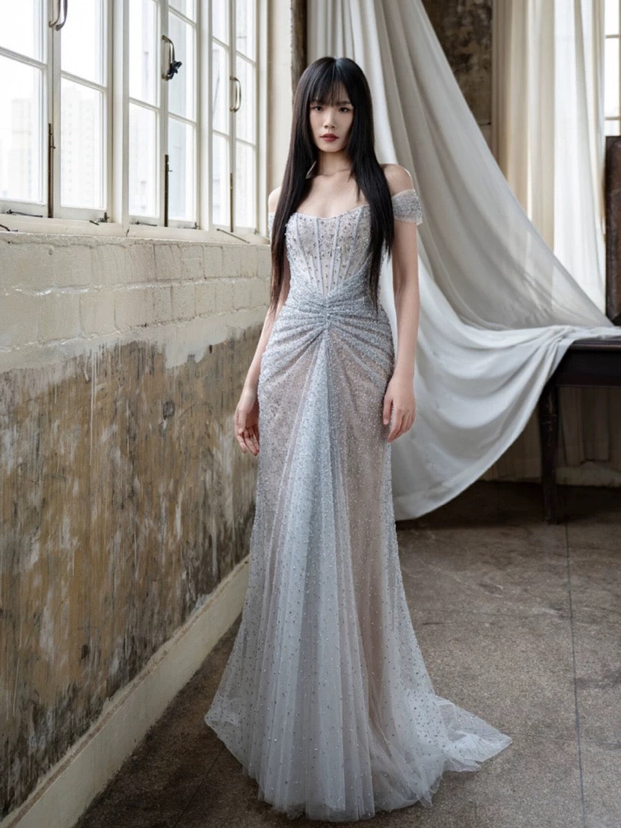 Pretty Mermaid Off The Shoulder Silver Sequin Evening Dress Prom Dresses