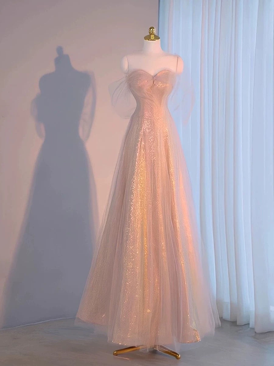 Pretty A Line Sweetheart Pink Sequin Long Length Evening Dress Prom Dresses