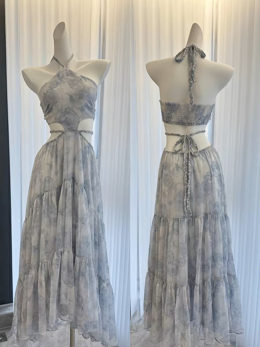 Sexy A line Halter Sleeveless Holiday Dresses Blue Floral Beach Dress Birthday Outfits