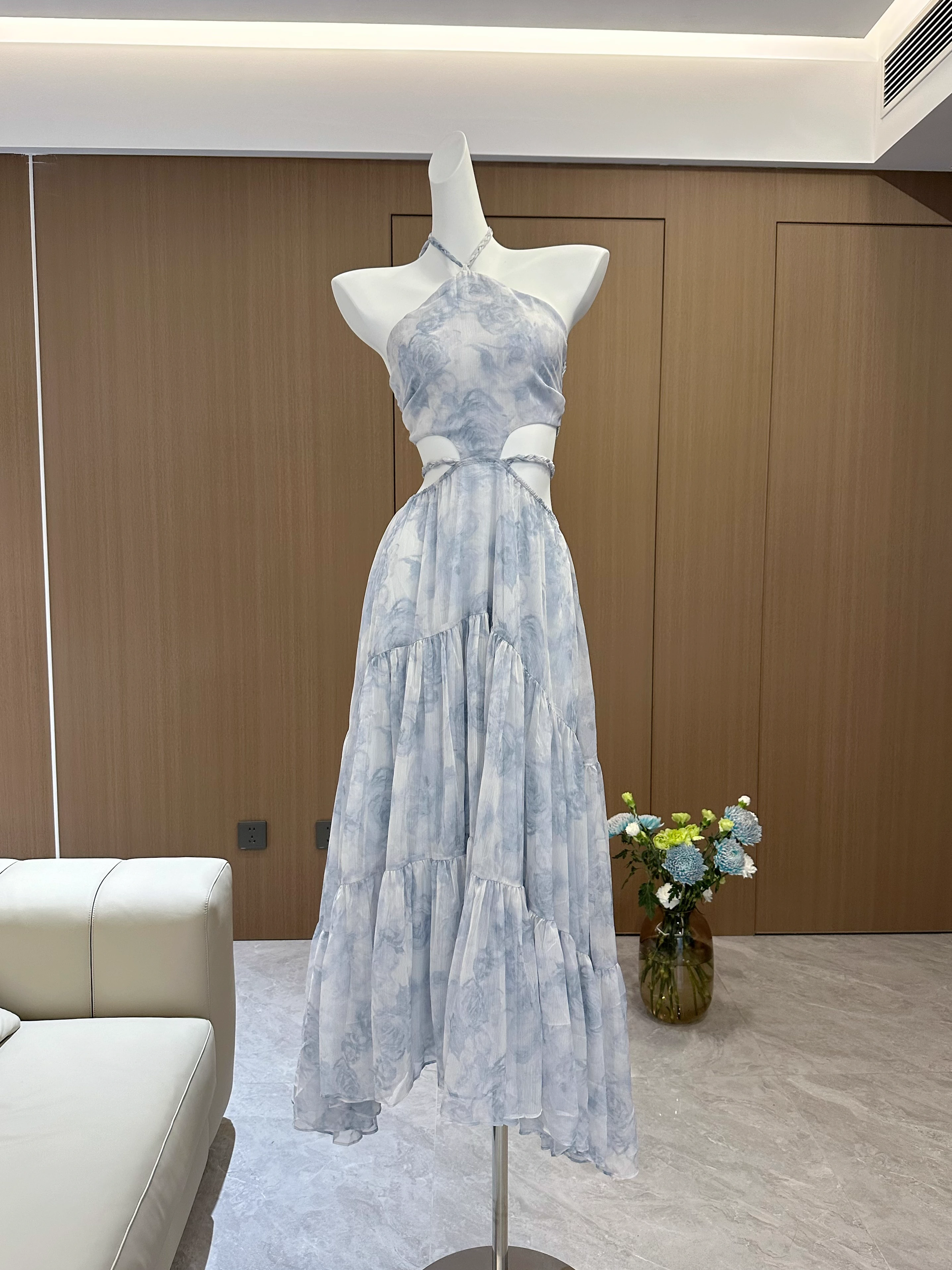 Sexy A line Halter Sleeveless Holiday Dresses Blue Floral Beach Dress Birthday Outfits