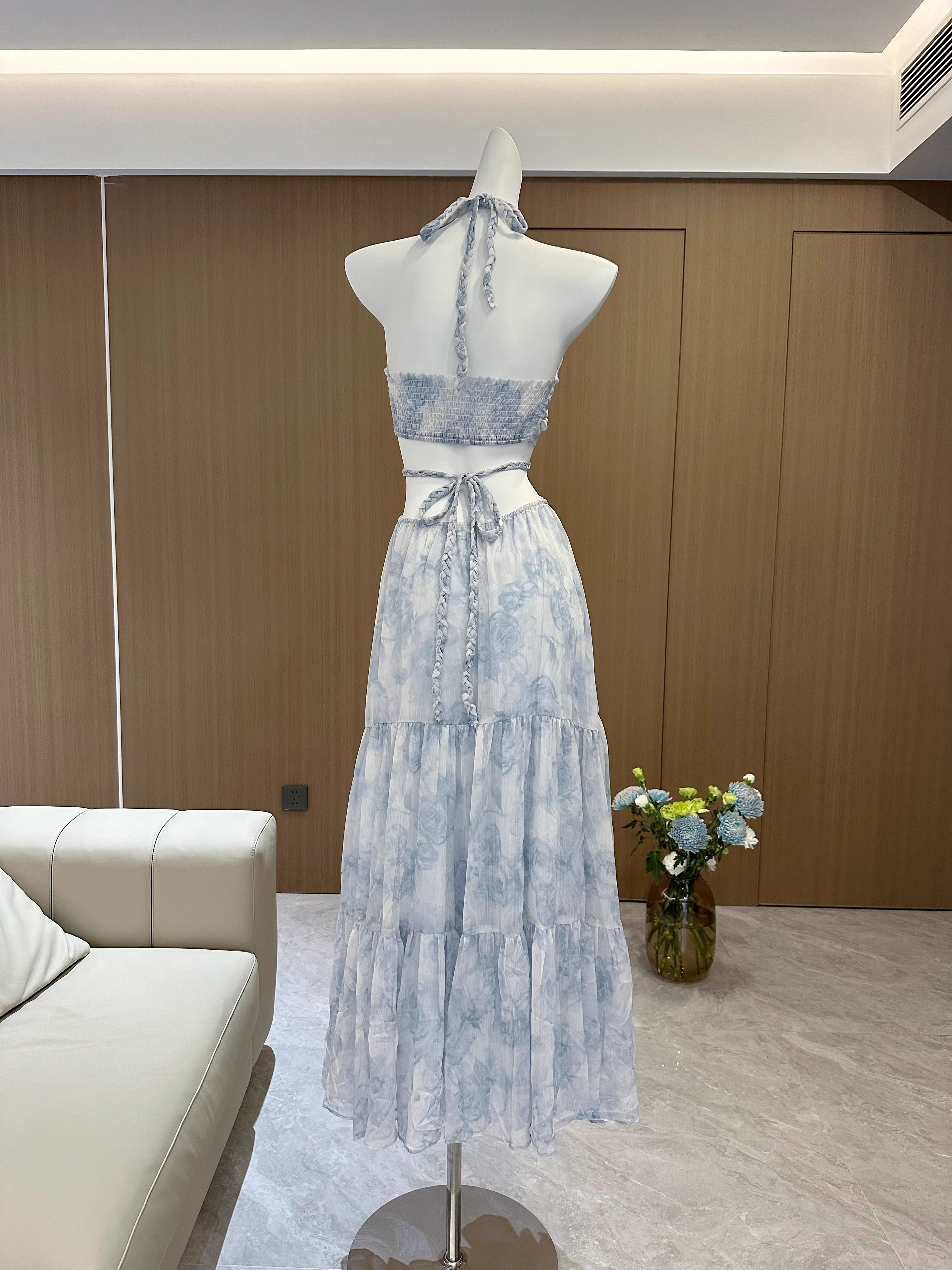 Sexy A line Halter Sleeveless Holiday Dresses Blue Floral Beach Dress Birthday Outfits