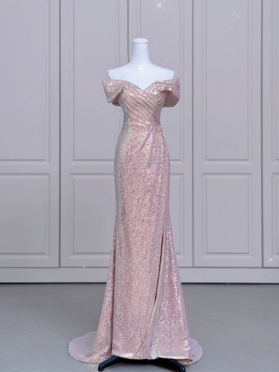 Pretty Mermaid Off The Shoulder Pink Sequin Long Evening Dress Prom Dresses