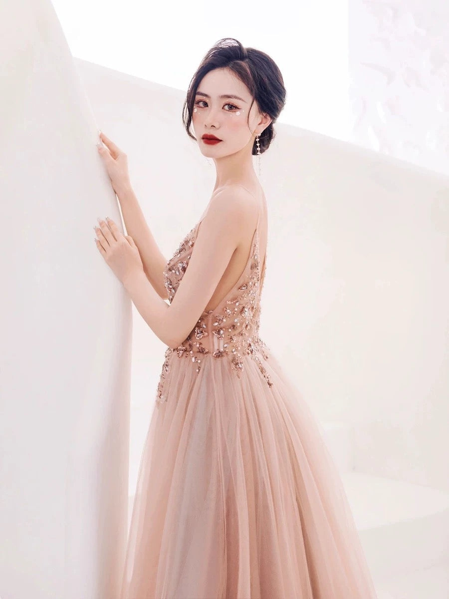 Pretty A line Spaghetti Straps Tulle Long Length Evening Dress Prom Dresses