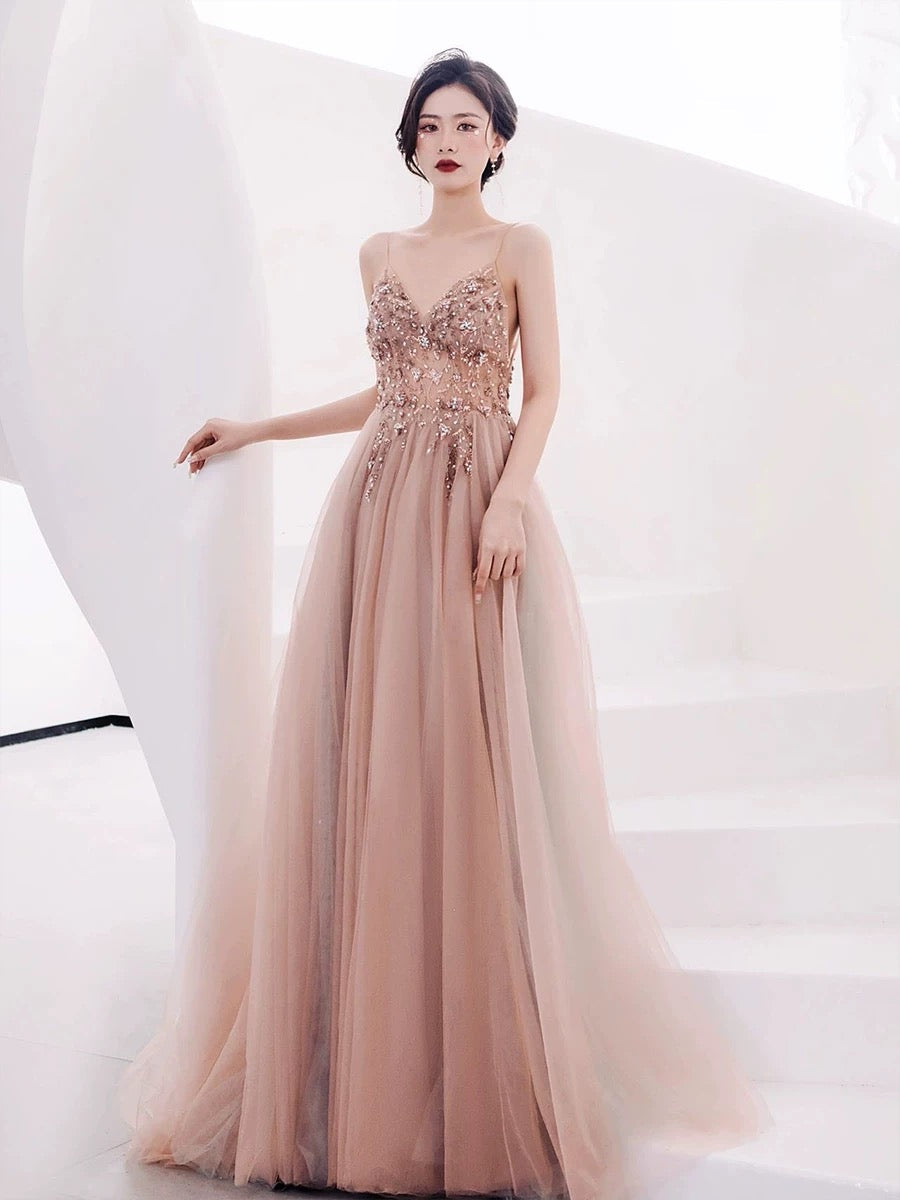 Pretty A line Spaghetti Straps Tulle Long Length Evening Dress Prom Dresses