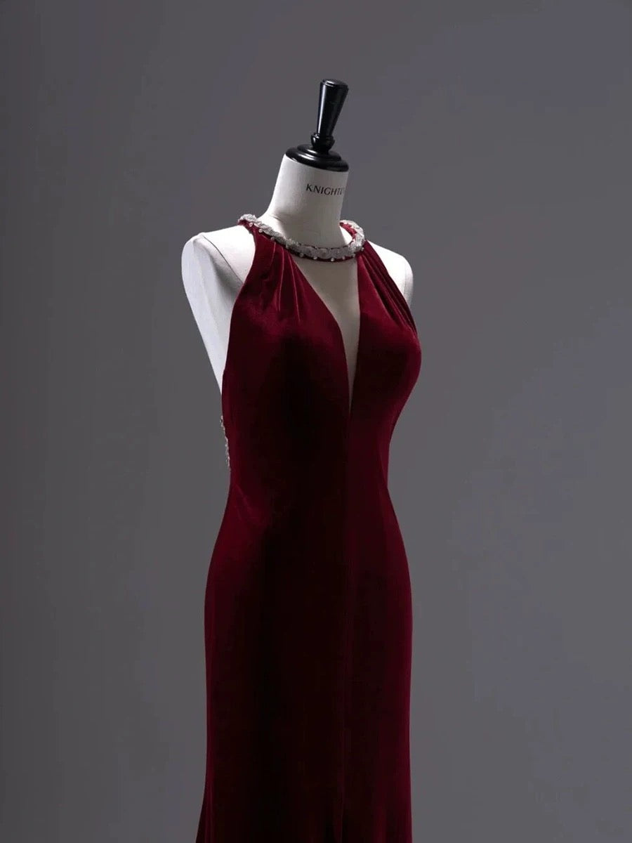 Pretty Mermaid Burgundy Velvet Long Backless Evening Dress Prom Dresses
