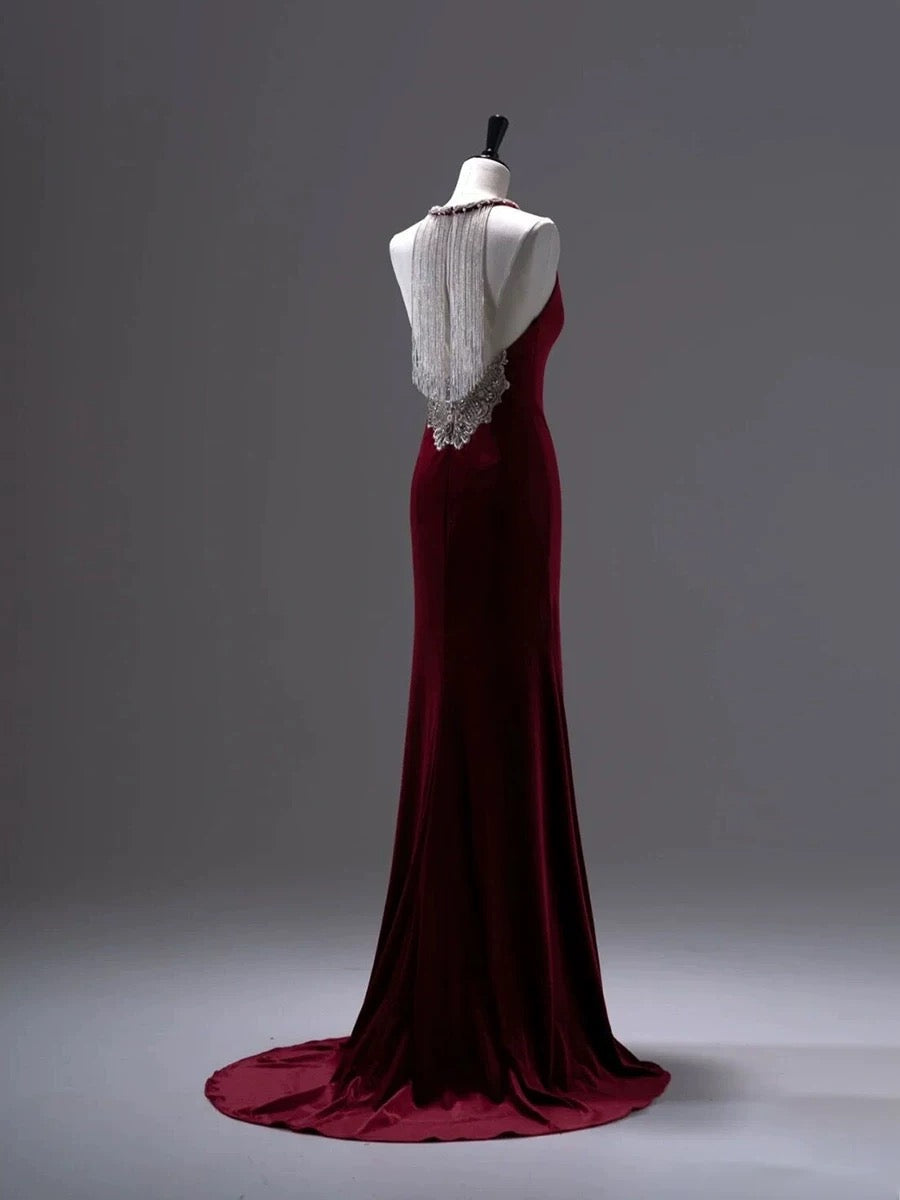 Pretty Mermaid Burgundy Velvet Long Backless Evening Dress Prom Dresses