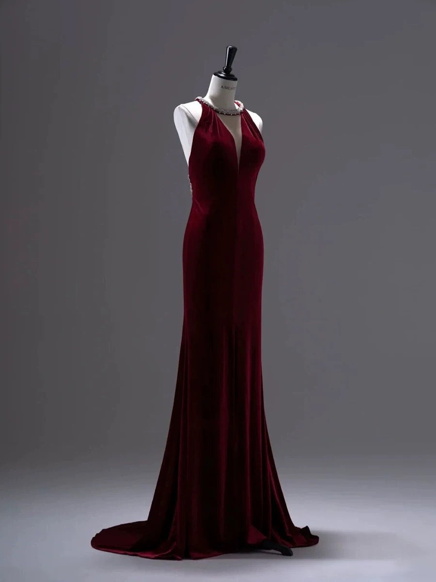 Pretty Mermaid Burgundy Velvet Long Backless Evening Dress Prom Dresses