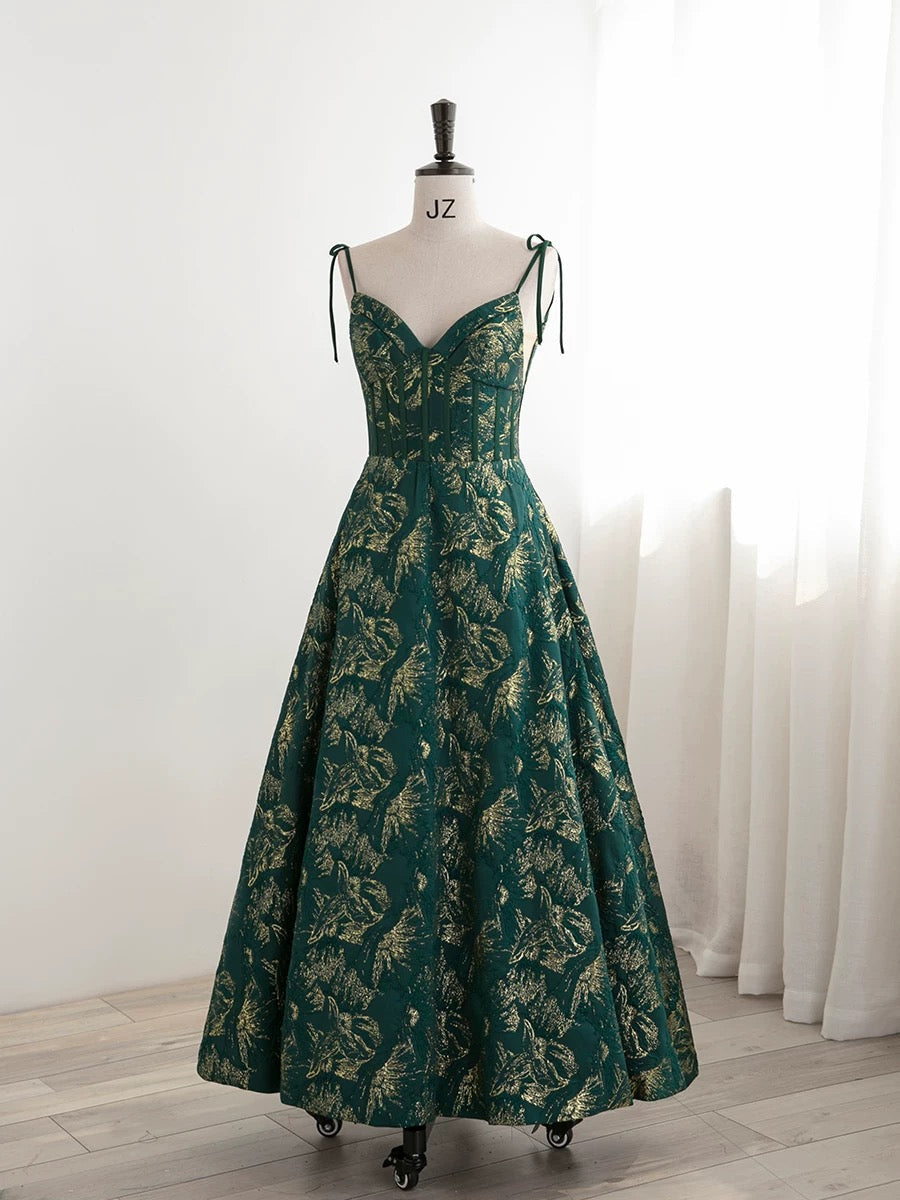 Pretty Ball Gown Spaghetti Straps Satin Green Long Length Evening Dress Prom Dresses