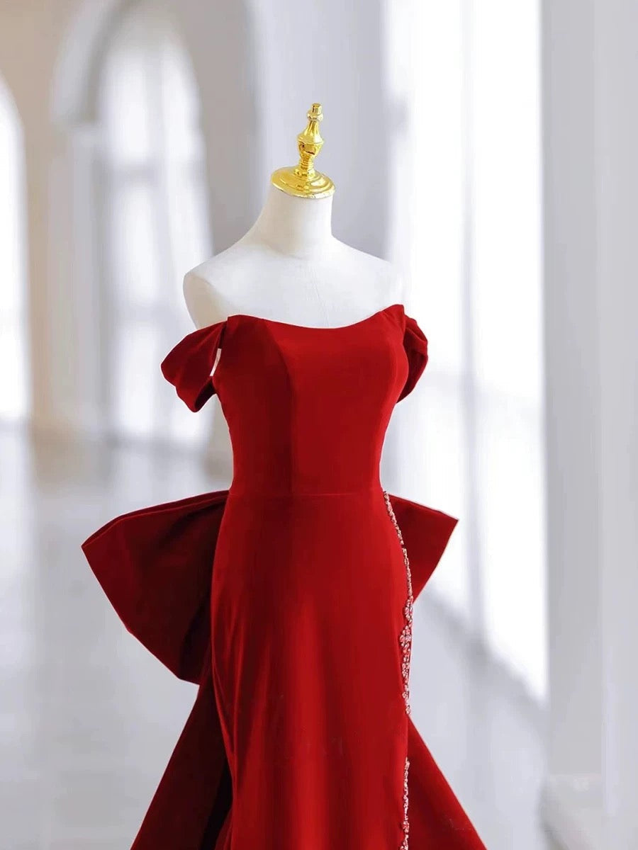 Pretty Mermaid Off The Shoulder Burgundy Satin Long Evening Dress Prom Dresses
