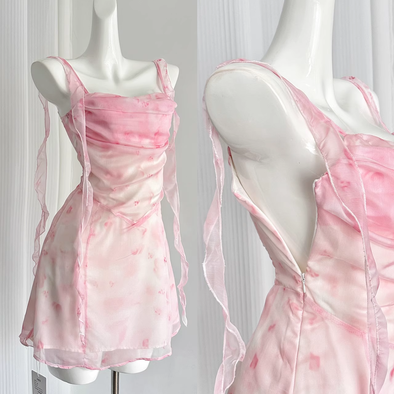 Cute Sheath Straps Sleeveless Floral Pink Dress Short Holiday Dresses
