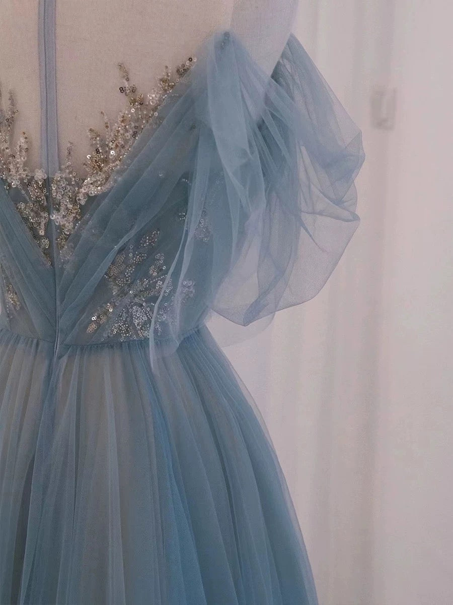 Pretty A Line Off The Shoulder Blue Tulle Long Length Evening Dress Prom Dresses
