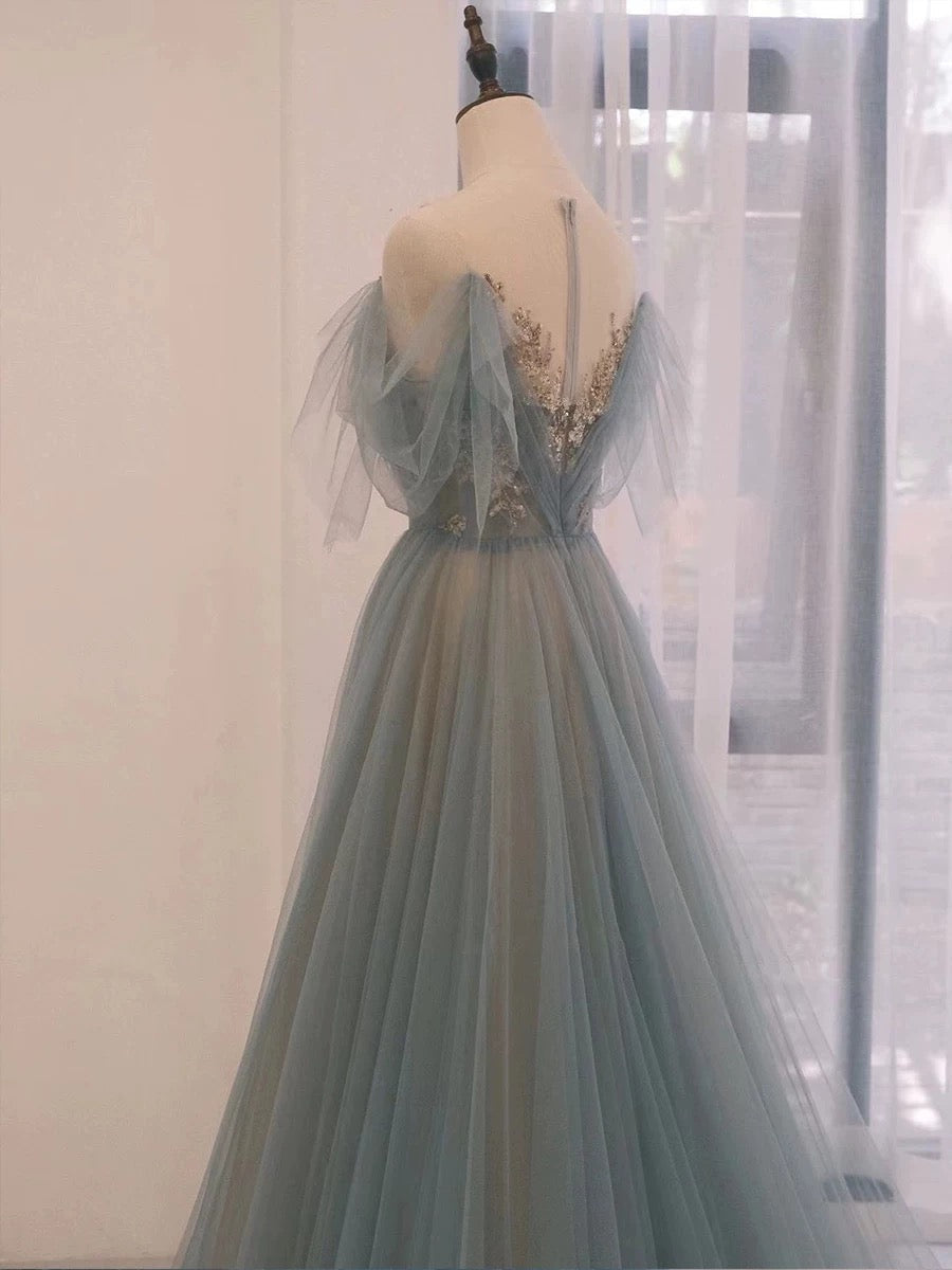 Pretty A Line Off The Shoulder Blue Tulle Long Length Evening Dress Prom Dresses