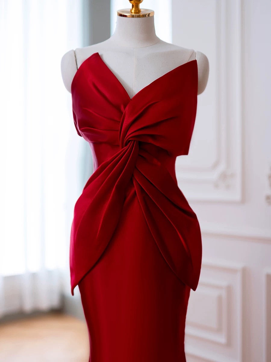 Pretty Mermaid One Shoulder Red Satin Long Evening Dress Prom Dresses
