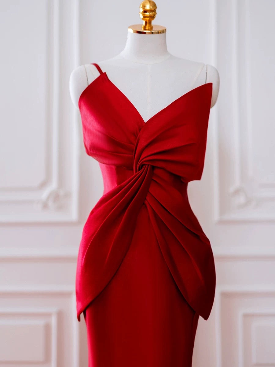 Pretty Mermaid One Shoulder Red Satin Long Evening Dress Prom Dresses