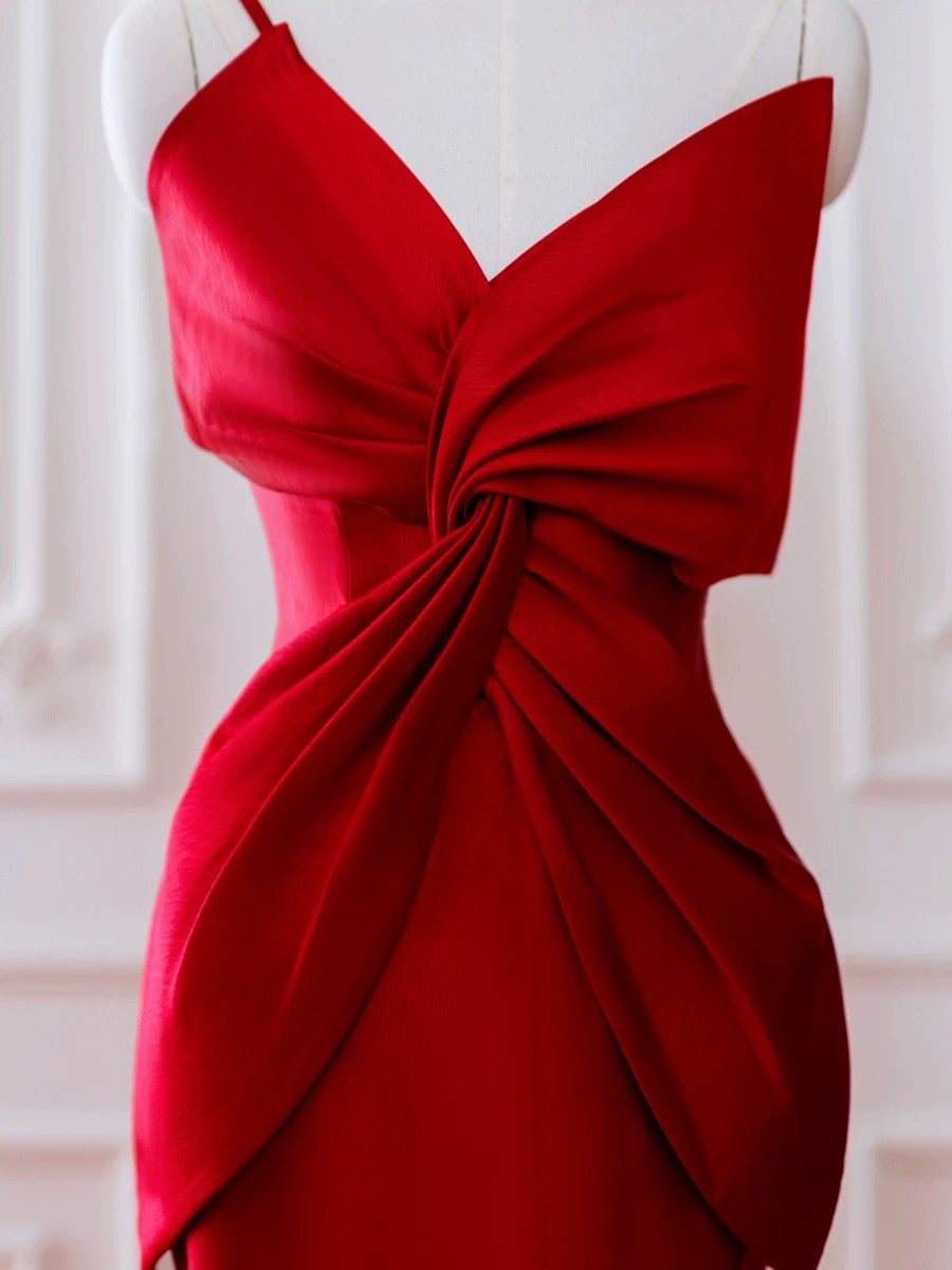 Pretty Mermaid One Shoulder Red Satin Long Evening Dress Prom Dresses