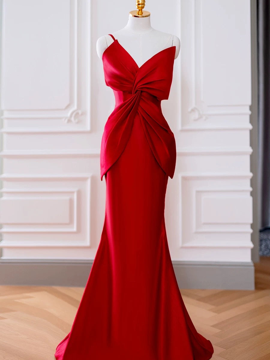 Pretty Mermaid One Shoulder Red Satin Long Evening Dress Prom Dresses