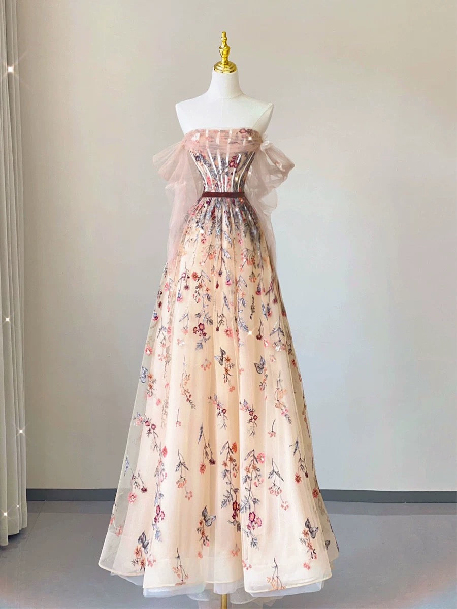 Pretty A Line Off The Shoulder Long Sleeves Floral Tulle Long Length Evening Dress Prom Dresses