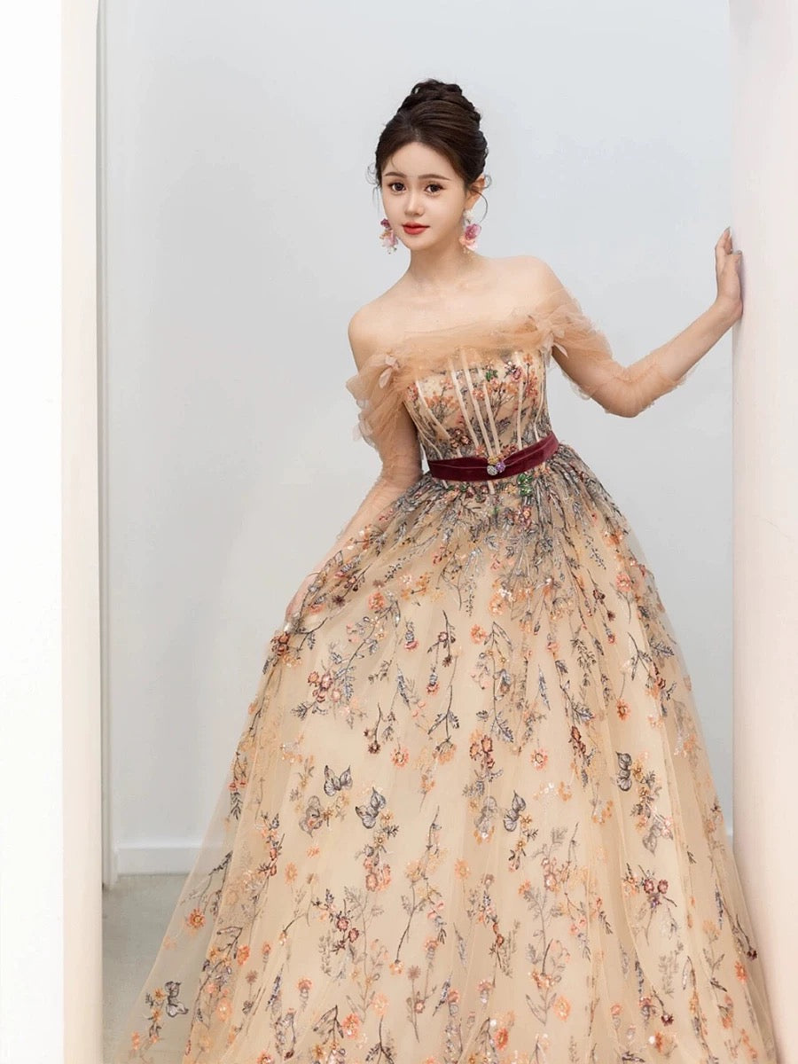 Pretty A Line Off The Shoulder Long Sleeves Floral Tulle Long Length Evening Dress Prom Dresses