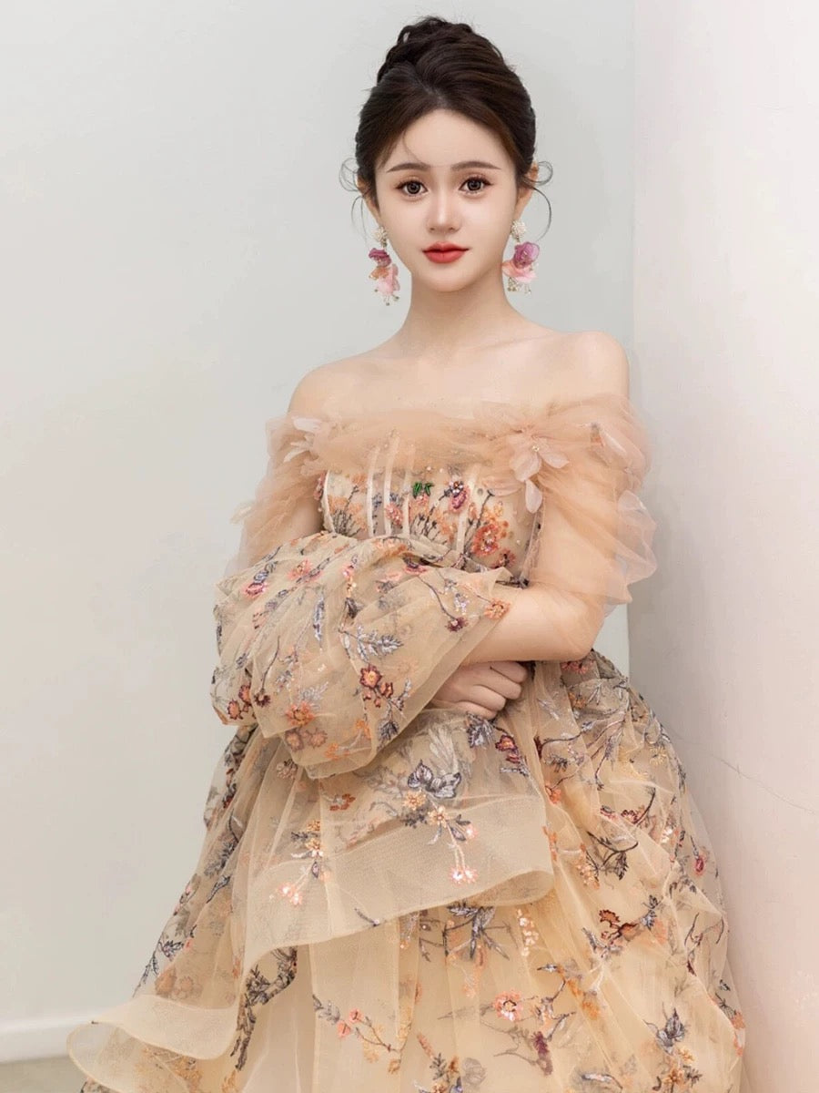 Pretty A Line Off The Shoulder Long Sleeves Floral Tulle Long Length Evening Dress Prom Dresses