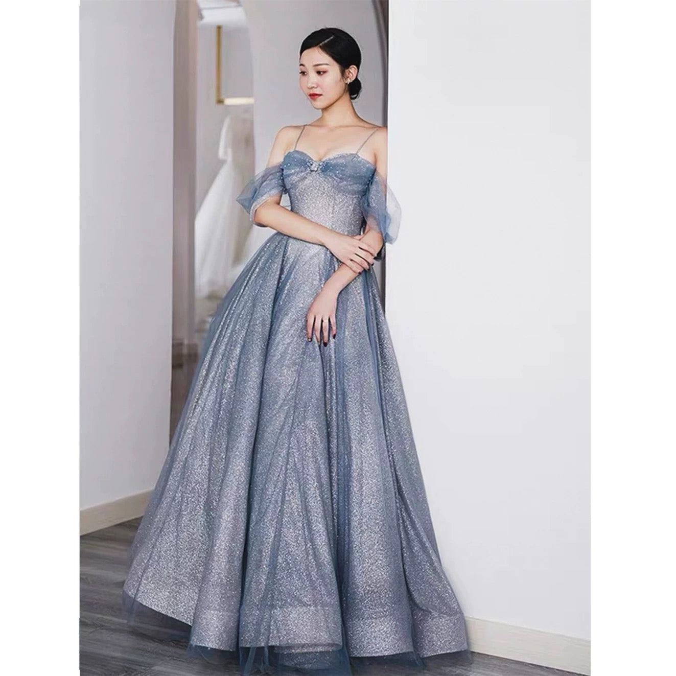 Pretty A Line Off The Shoulder Blue Sequin Tulle Long Length Evening Dress Prom Dresses