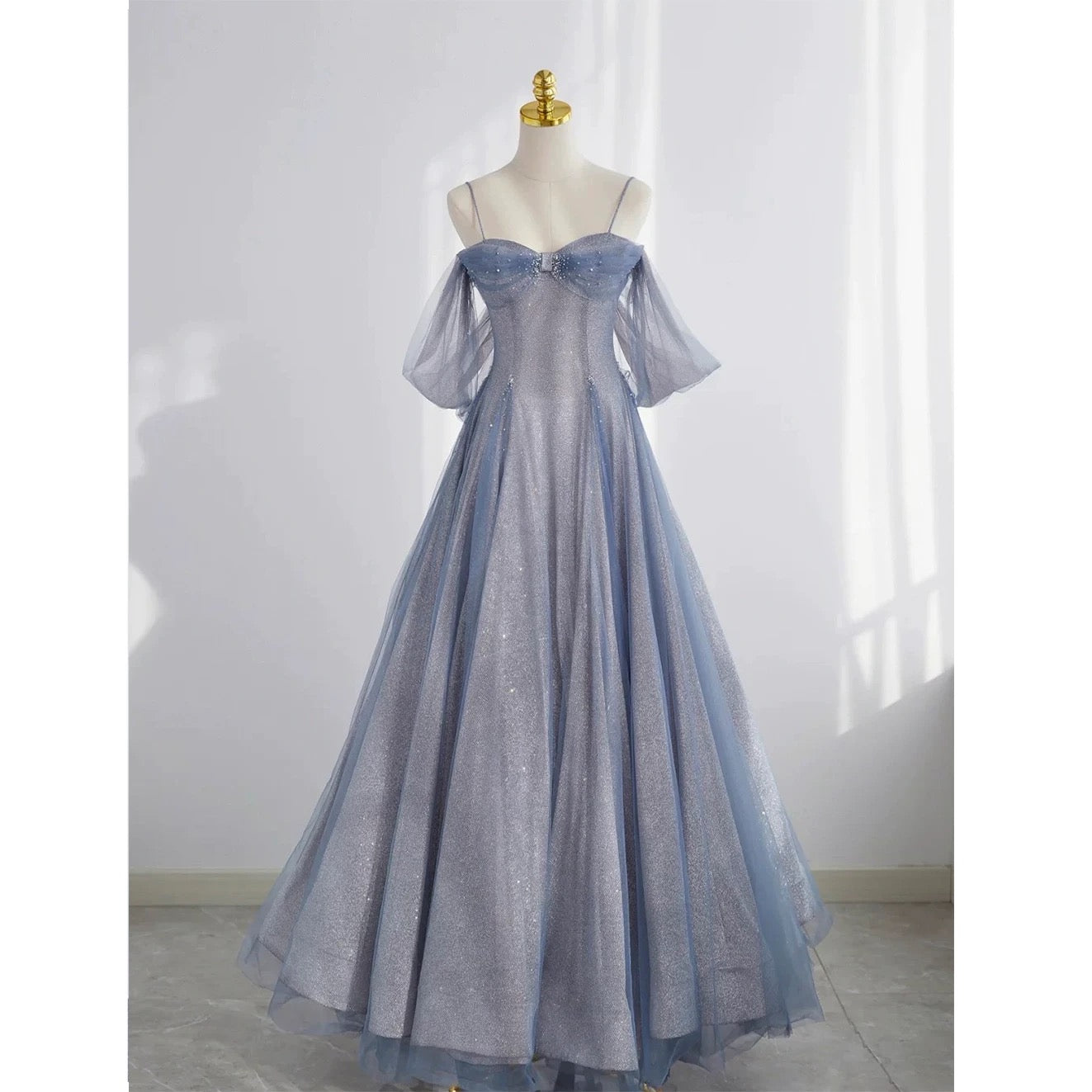 Pretty A Line Off The Shoulder Blue Sequin Tulle Long Length Evening Dress Prom Dresses