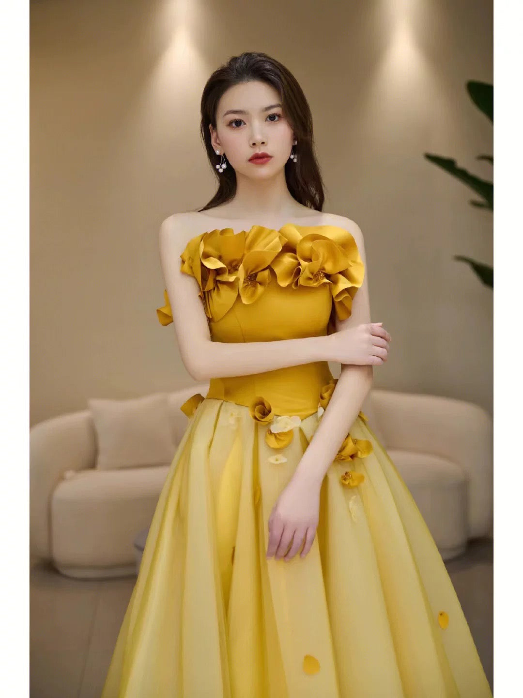 Modest A line Strapless Yellow Tulle Long Prom Dress Party Dress