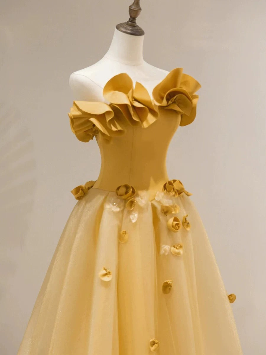 Modest A line Strapless Yellow Tulle Long Prom Dress Party Dress
