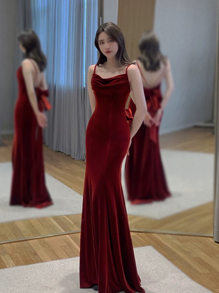 Pretty Mermaid Spaghetti Straps Wine Red Velvet Long Evening Dress Prom Dresses