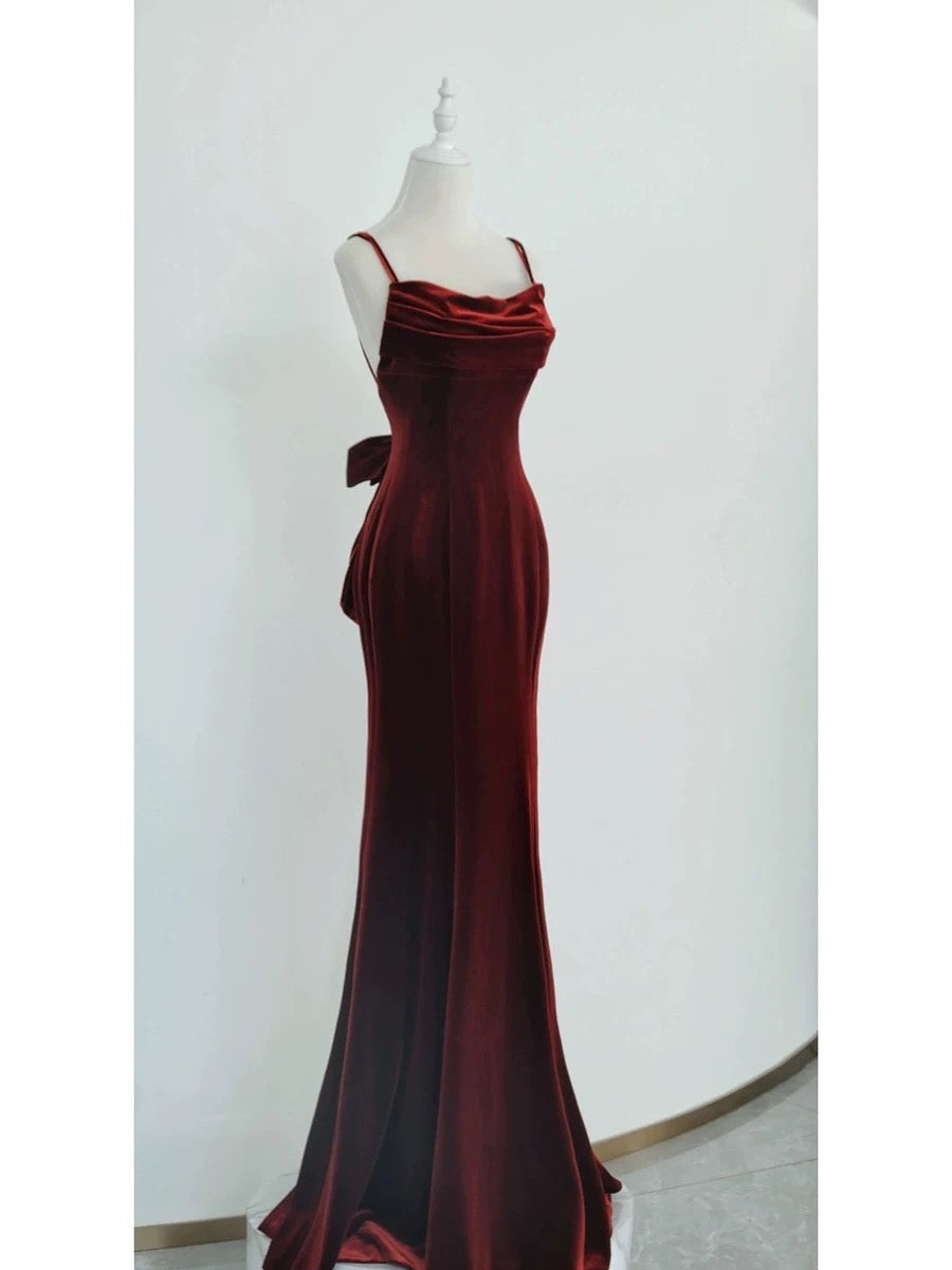 Pretty Mermaid Spaghetti Straps Wine Red Velvet Long Evening Dress Prom Dresses
