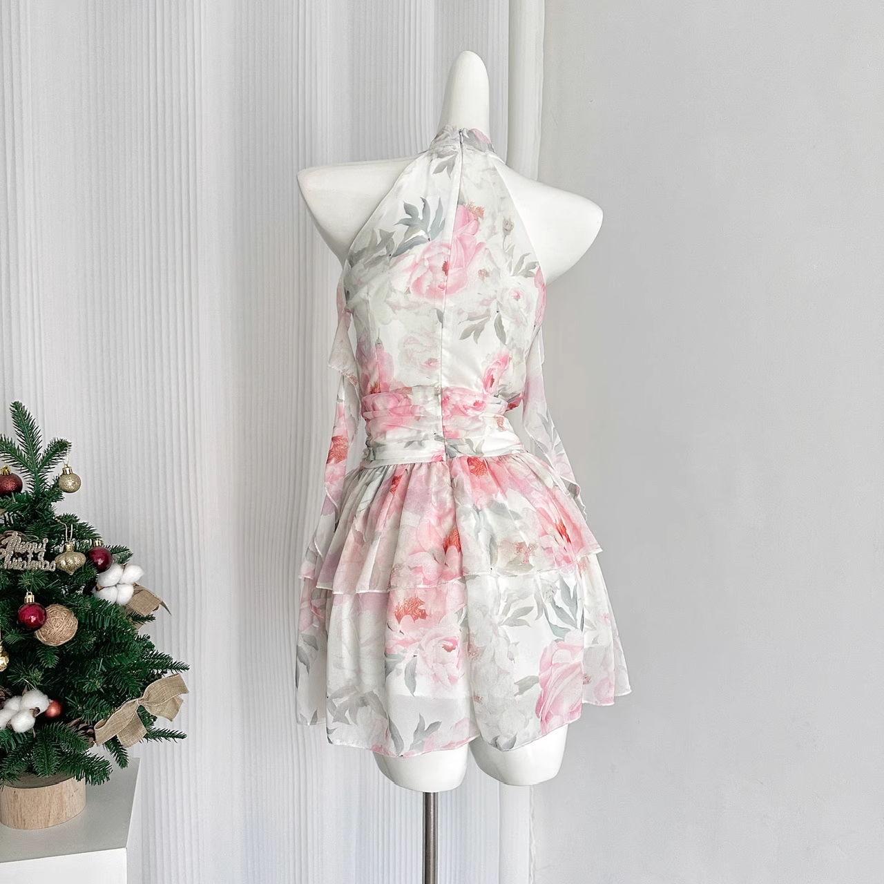 Cute A line Halter Rose Flower Sleeveless Floral Pink Dress Short Holiday Dresses