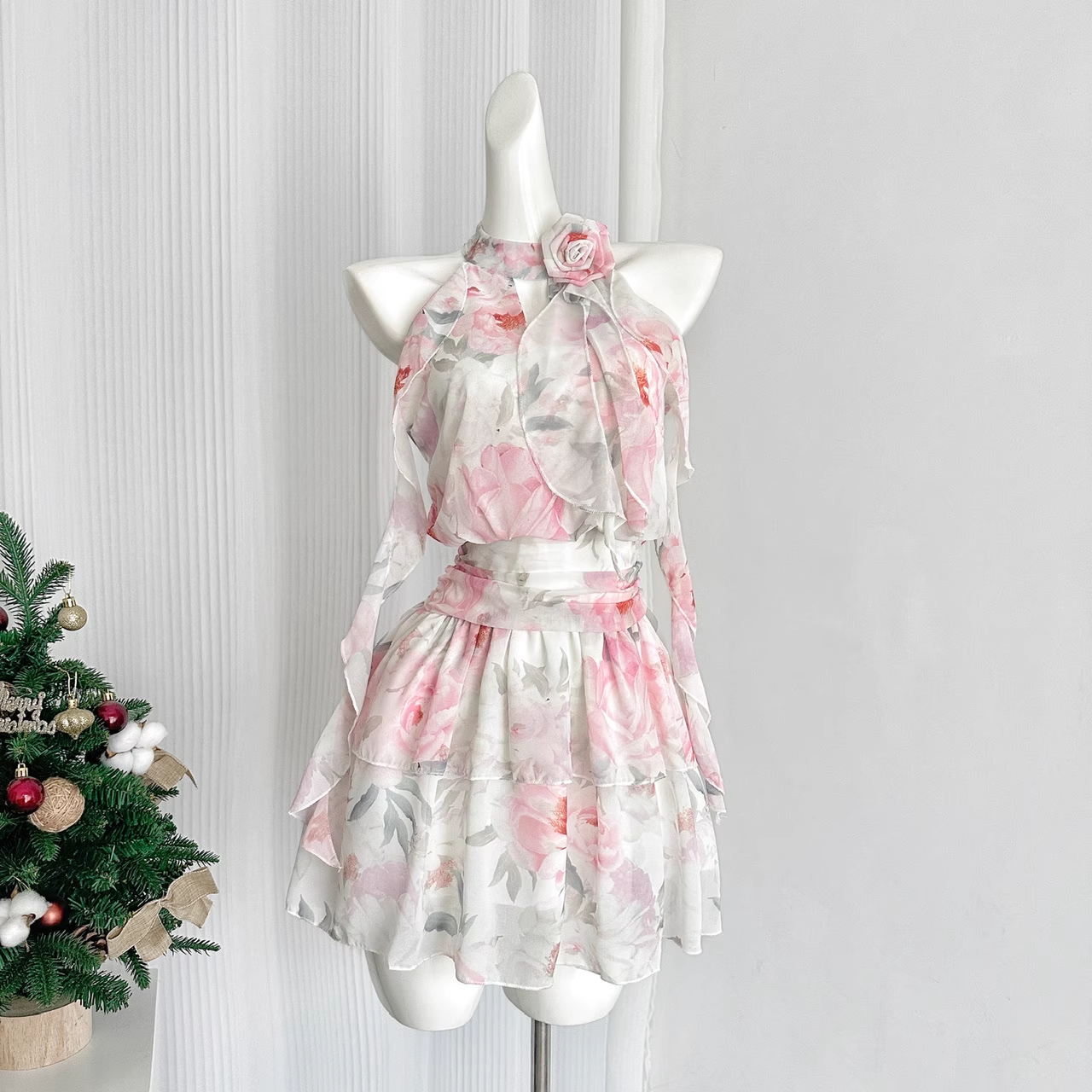 Cute A line Halter Rose Flower Sleeveless Floral Pink Dress Short Holiday Dresses